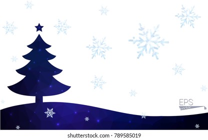 Blue postcard low polygon style christmas tree vector illustration consisting of triangles.Abstract triangular polygonal origami or crystal design of New Years celebration.Isolated on white background