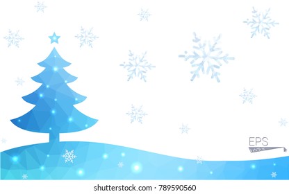 Blue postcard low polygon style christmas tree vector illustration consisting of triangles.Abstract triangular polygonal origami or crystal design of New Years celebration.Isolated on white background
