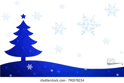 Blue postcard low polygon style christmas tree vector illustration consisting of triangles.Abstract triangular polygonal origami or crystal design of New Years celebration.Isolated on white background