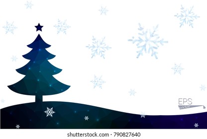 Blue postcard low polygon style christmas tree vector illustration consisting of triangles.Abstract triangular polygonal origami or crystal design of New Years celebration.Isolated on white background