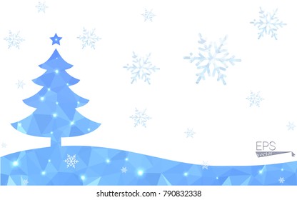 Blue postcard low polygon style christmas tree vector illustration consisting of triangles.Abstract triangular polygonal origami or crystal design of New Years celebration.Isolated on white background