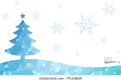 Blue postcard low polygon style christmas tree vector illustration consisting of triangles.Abstract triangular polygonal origami or crystal design of New Years celebration.Isolated on white background