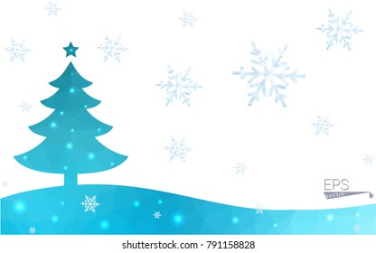 Blue postcard low polygon style christmas tree vector illustration consisting of triangles.Abstract triangular polygonal origami or crystal design of New Years celebration.Isolated on white background