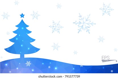 Blue postcard low polygon style christmas tree vector illustration consisting of triangles.Abstract triangular polygonal origami or crystal design of New Years celebration.Isolated on white background