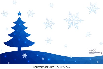 Blue postcard low polygon style christmas tree vector illustration consisting of triangles.Abstract triangular polygonal origami or crystal design of New Years celebration.Isolated on white background