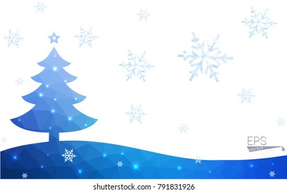 Blue postcard low polygon style christmas tree vector illustration consisting of triangles.Abstract triangular polygonal origami or crystal design of New Years celebration.Isolated on white background