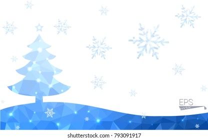 Blue postcard low polygon style christmas tree vector illustration consisting of triangles.Abstract triangular polygonal origami or crystal design of New Years celebration.Isolated on white background