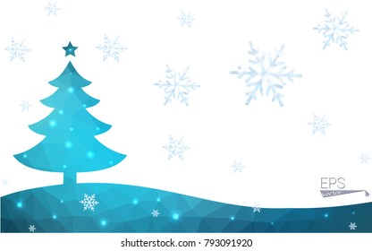 Blue postcard low polygon style christmas tree vector illustration consisting of triangles.Abstract triangular polygonal origami or crystal design of New Years celebration.Isolated on white background