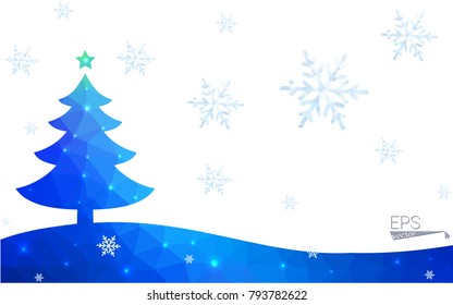 Blue postcard low polygon style christmas tree vector illustration consisting of triangles.Abstract triangular polygonal origami or crystal design of New Years celebration.Isolated on white background