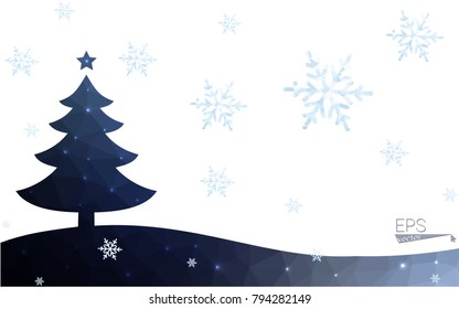 Blue postcard low polygon style christmas tree vector illustration consisting of triangles.Abstract triangular polygonal origami or crystal design of New Years celebration.Isolated on white background