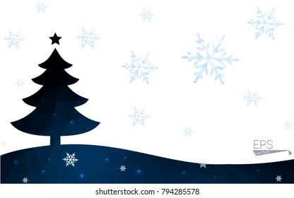 Blue postcard low polygon style christmas tree vector illustration consisting of triangles.Abstract triangular polygonal origami or crystal design of New Years celebration.Isolated on white background