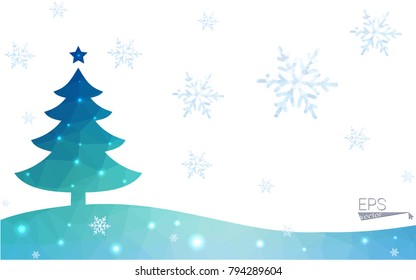 Blue postcard low polygon style christmas tree vector illustration consisting of triangles.Abstract triangular polygonal origami or crystal design of New Years celebration.Isolated on white background