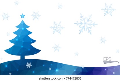 Blue postcard low polygon style christmas tree vector illustration consisting of triangles.Abstract triangular polygonal origami or crystal design of New Years celebration.Isolated on white background