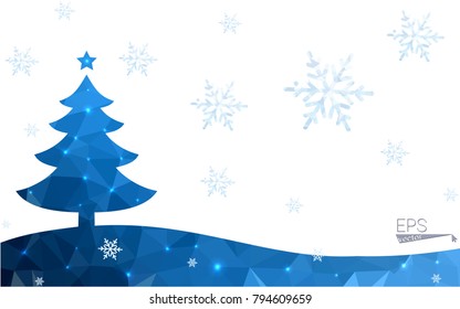 Blue postcard low polygon style christmas tree vector illustration consisting of triangles.Abstract triangular polygonal origami or crystal design of New Years celebration.Isolated on white background