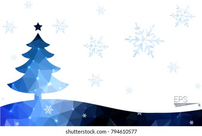 Blue postcard low polygon style christmas tree vector illustration consisting of triangles.Abstract triangular polygonal origami or crystal design of New Years celebration.Isolated on white background