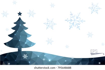 Blue postcard low polygon style christmas tree vector illustration consisting of triangles.Abstract triangular polygonal origami or crystal design of New Years celebration.Isolated on white background
