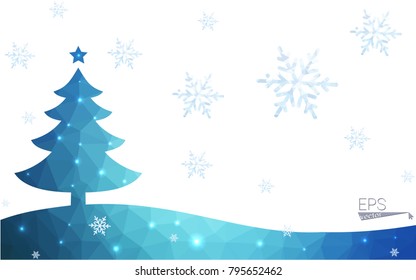 Blue postcard low polygon style christmas tree vector illustration consisting of triangles.Abstract triangular polygonal origami or crystal design of New Years celebration.Isolated on white background
