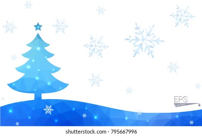 Blue postcard low polygon style christmas tree vector illustration consisting of triangles.Abstract triangular polygonal origami or crystal design of New Years celebration.Isolated on white background