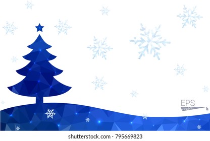 Blue postcard low polygon style christmas tree vector illustration consisting of triangles.Abstract triangular polygonal origami or crystal design of New Years celebration.Isolated on white background