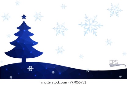 Blue postcard low polygon style christmas tree vector illustration consisting of triangles.Abstract triangular polygonal origami or crystal design of New Years celebration.Isolated on white background