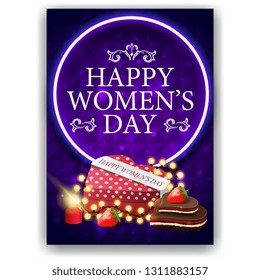 Blue postcard for women's day with neon circle and gift in the shape of a heart