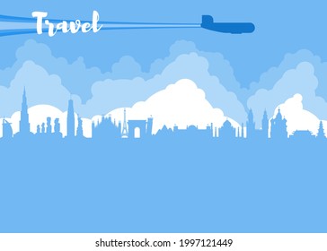 blue poster around the world travel and tourism. flat style image