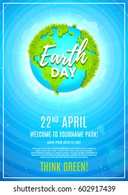 Blue poster for celebrating Earth Day. Vector illustration with planet Earth with ground from grass and clouds around the planet.