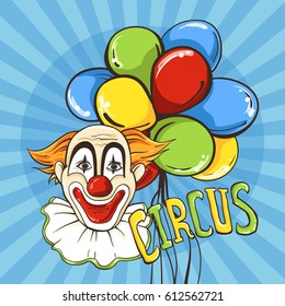 Blue poster with clown and balloons. Vector illustration
