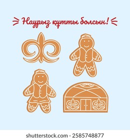 Blue poster "Happy Nauryz day!" with kazakh people, yurt, ornament gingerbread cookies. Spring equinox holiday in Kazakhstan. Hand drawn Kazakhstan background 