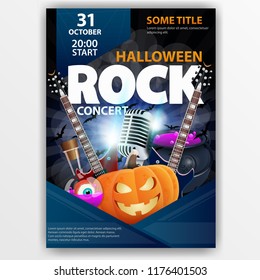 Blue poster: "Helloween rock concert" with pumpkin Jack, guitars, cauldron and pumpkins