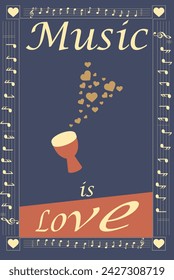 Blue poster of Music and love with goblet drum and hearts