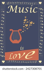 Blue poster of Music and love with lyre and hearts