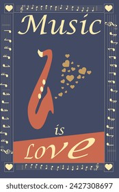 Blue poster of Music and love with saxophone and hearts