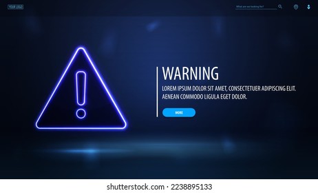 Blue poster with neon warning triangle logo on blurred background.