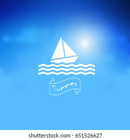 Blue poster with sailboat and lettering summer on banner . Editable vector template for design card,flyer, banner