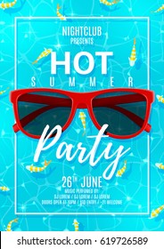 Blue poster for summer party. Beautiful background of sea water with fish. Vector illustration. Invitation to nightclub.