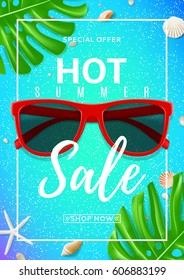 Blue poster for summer sale. Top view on composition with red sun glasses and seashells. Vector illustration.