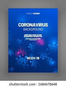 Blue poster template with coronavirus. 2019-nCoV COVID-19 concept. Flat Vector Illustration