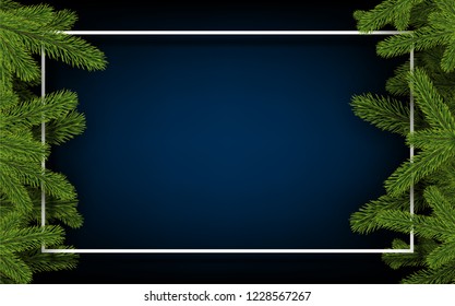 Blaues Plakat mit weißem Rahmen und grünen Tannenzweigen. Vorlage für Weihnachten und Neujahr Dekoration. Vektorhintergrund.