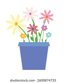 A blue pot with colorful flowers on a white background