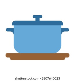 A blue pot with a lid sits on a brown tray, kitchen cooking utensil for food preparation