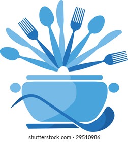 blue pot with spoons and forks