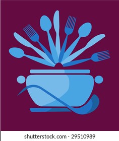 blue pot with spoons and forks