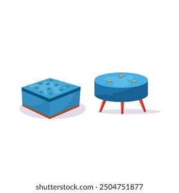 Blue  pouf in trendy flat style. Pouf furniture icon. Soft chair in front and left view. Vector illustration isolated on white background.