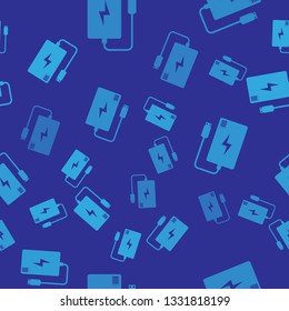 Blue Power bank with different charge cable icon isolated seamless pattern on blue background. Portable charging device. Vector Illustration