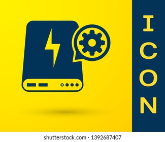 Blue Power bank and gear icon isolated on yellow background. Adjusting app, service concept, setting options, maintenance, repair, fixing. Vector Illustration