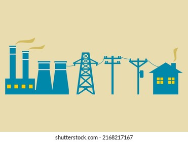 Blue power plant generates electricity to transmit electricity to electric poles and city home on brown background icon flat vector design.