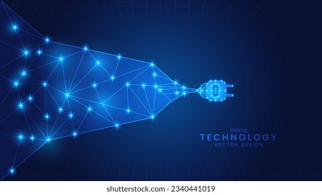 Blue power plug. energy connection concept. line and particle style design