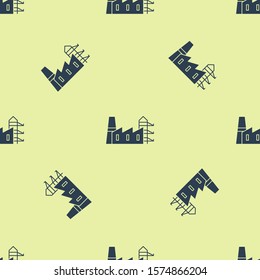 Blue Power station plant and factory icon isolated seamless pattern on yellow background. Energy industrial concept.  Vector Illustration
