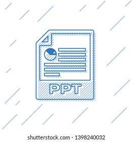 Blue PPT file document icon. Download ppt button line icon isolated on white background. PPT file presentation. Vector Illustration